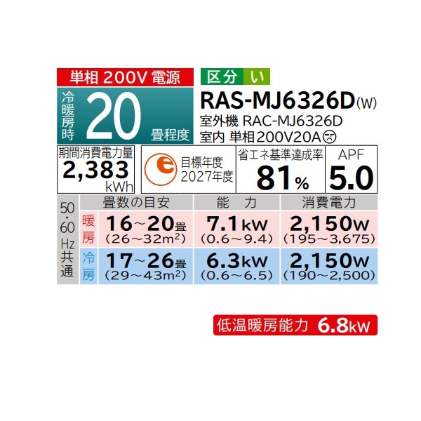 画像2: 日立 RAS-MJ6326D(W) エアコン 20畳 ルームエアコン MJシリーズ 白くまくん 単相200V 20畳程度 スターホワイト (RAS-MJ6325D-Wの後継品) ♪ (2)