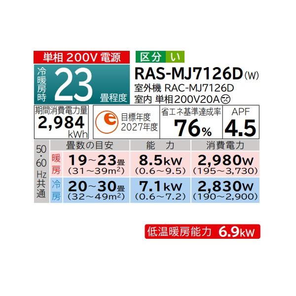 画像2: 日立 RAS-MJ7126D(W) エアコン 23畳 ルームエアコン MJシリーズ 白くまくん 単相200V 23畳程度 スターホワイト (RAS-MJ7125D-Wの後継品) ♪ (2)