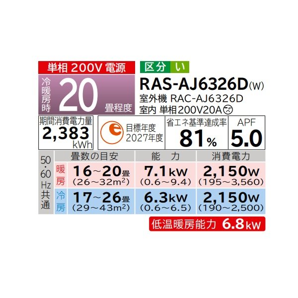 画像2: 日立 RAS-AJ6326D(W) エアコン 20畳 ルームエアコン AJシリーズ 白くまくん 単相200V 20畳程度 スターホワイト (RAS-AJ6325D-Wの後継品) ♪ (2)