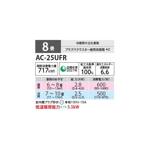画像2: シャープ AC-25UFR エアコン 8畳 ルームエアコン FRシリーズ プラズマクラスター 単相100V 8畳程度 ホワイト (2)