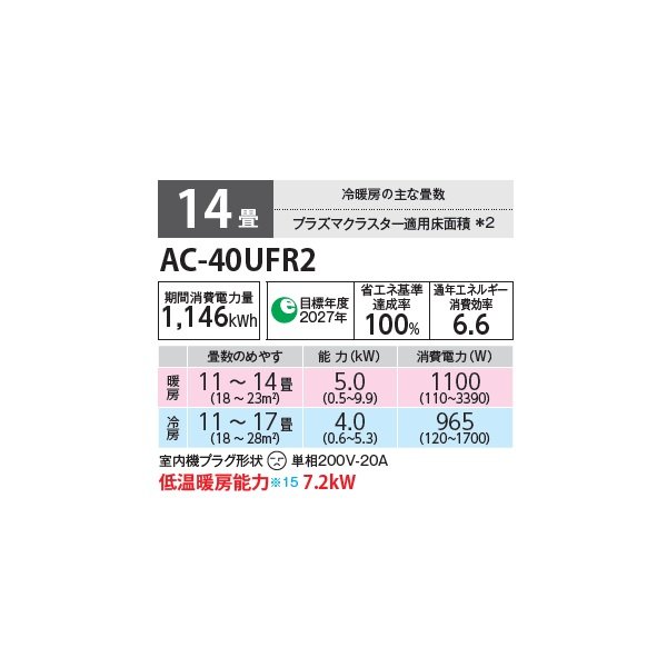 画像2: シャープ AC-40UFR2 エアコン 14畳 ルームエアコン FRシリーズ プラズマクラスター 単相200V 14畳程度 ホワイト (2)