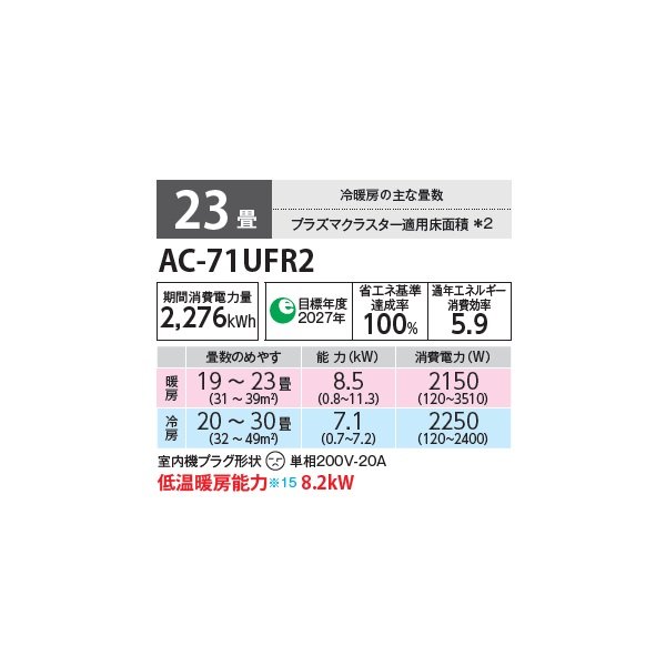 画像2: シャープ AC-71UFR2 エアコン 23畳 ルームエアコン FRシリーズ プラズマクラスター 単相200V 23畳程度 ホワイト (2)
