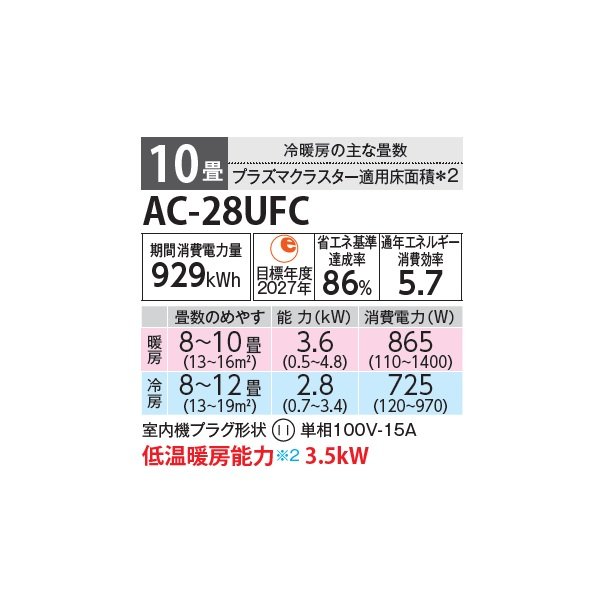 画像2: シャープ AC-28UFC エアコン 10畳 ルームエアコン FCシリーズ プラズマクラスター 単相100V 10畳程度 ホワイト (AC-28TFCの後継品) (2)