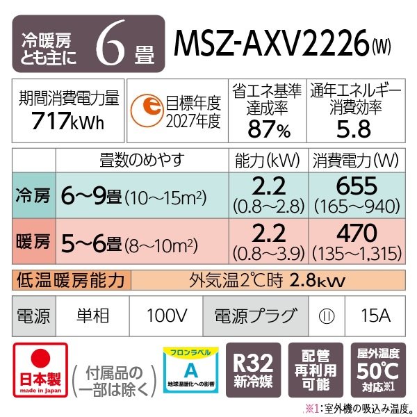 画像2: 『在庫あり』 三菱 MSZ-AXV2226(W) エアコン 6畳 ルームエアコン AXVシリーズ 単相100V/15A 6畳程度 ピュアホワイト (MSZ-AXV2225-Wの後継品) ☆2 (2)