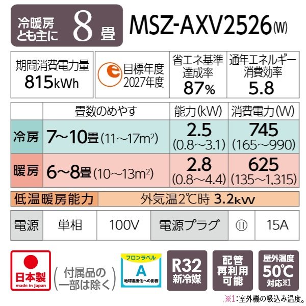 画像2: 『在庫あり』 三菱 MSZ-AXV2526(W) エアコン 8畳 ルームエアコン AXVシリーズ 単相100V/15A 8畳程度 ピュアホワイト (MSZ-AXV2525-Wの後継品) ☆2 (2)