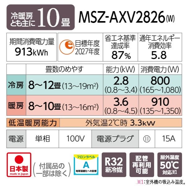 画像2: 『在庫あり』 三菱 MSZ-AXV2826(W) エアコン 10畳 ルームエアコン AXVシリーズ 単相100V/15A 10畳程度 ピュアホワイト (MSZ-AXV2825-Wの後継品) ☆2 (2)