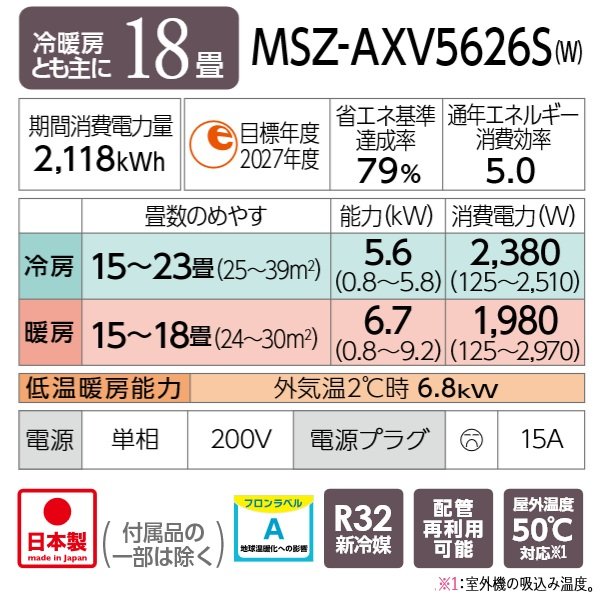 画像2: 『在庫あり』 三菱 MSZ-AXV5626S(W) エアコン 18畳 ルームエアコン AXVシリーズ 単相200V/15A 18畳程度 ピュアホワイト (MSZ-AXV5625S-Wの後継品)  ☆2 (2)