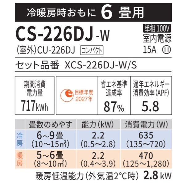 画像2: 『在庫あり』 パナソニック CS-226DJ-W エアコン 6畳 ルームエアコン Jシリーズ エオリア ナノイーX 単相100V クリスタルホワイト CS-225DJ-Wの後継品 ☆2 (2)