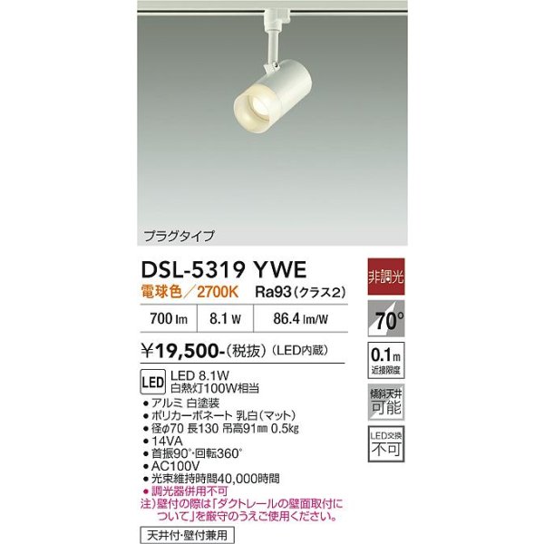 画像2: 大光電機(DAIKO) DSL-5319YWE スポットライト 非調光 電球色 LED内蔵 プラグタイプ ホワイト (2)