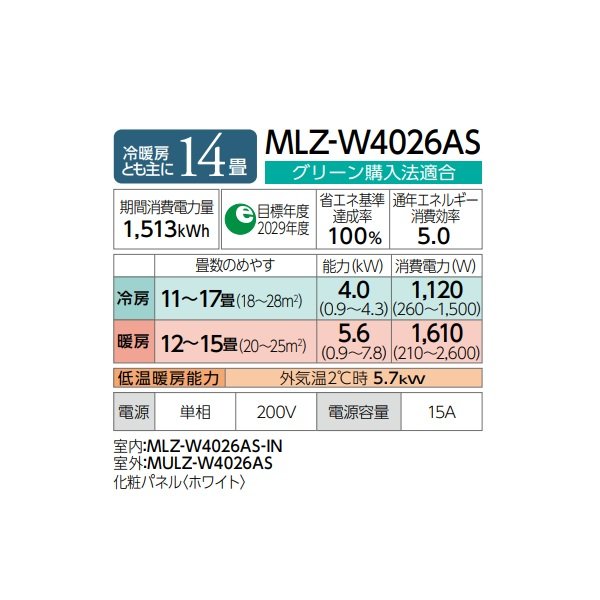 画像3: 三菱 『MLZ-W4026AS + 化粧パネル』 ハウジングエアコン 2方向天井カセット形 Wシリーズ 14畳程度 単相200V (MLZ-W4022ASの後継品) ♪ (3)