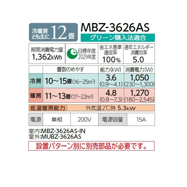 画像2: 三菱 MBZ-3626AS ハウジングエアコン フリービルトイン形 12畳程度 単相200V (MBZ-3622ASの後継品) ♪ (2)