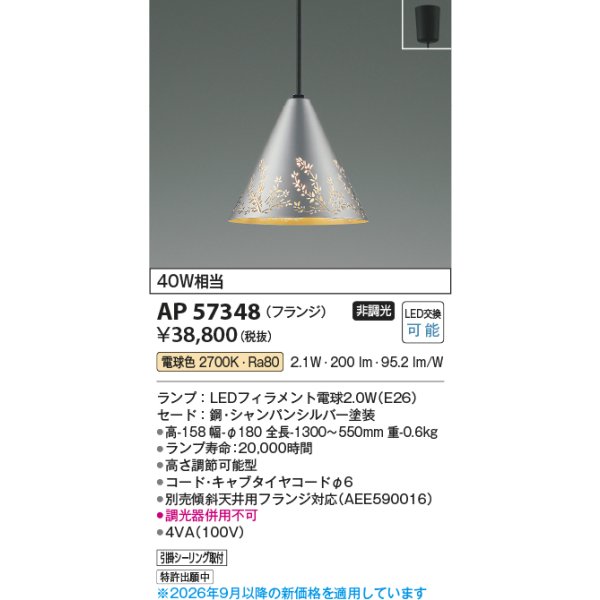 画像2: コイズミ照明 AP57348 ペンダント 非調光 LED 電球色 フランジタイプ シャンパンシルバー ∽ (2)