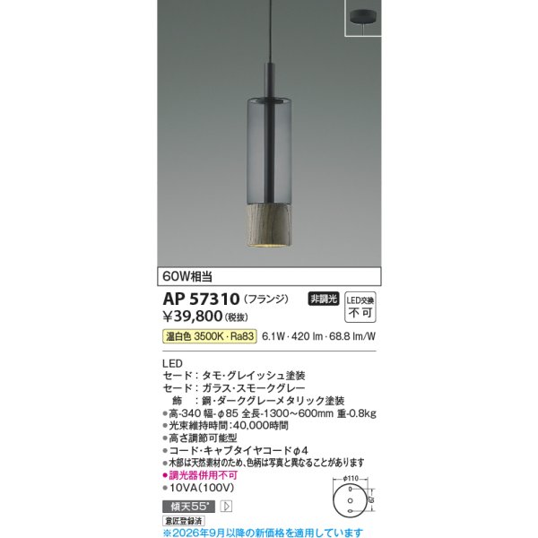 画像2: コイズミ照明 AP57310 ペンダント 非調光 LED 温白色 フランジタイプ グレイッシュ ∽ (2)
