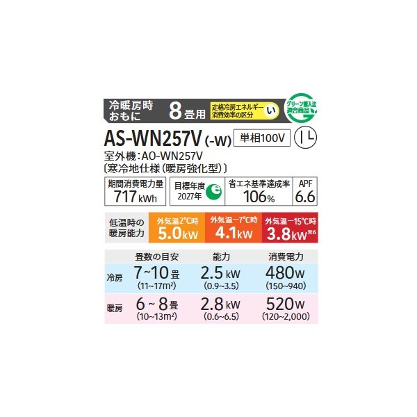画像2: ゼネラル AS-WN257V-W エアコン 8畳 ルームエアコン WNシリーズ ノクリア ゴク暖 寒冷地仕様 単相100V 8畳程度 ホワイト (2)