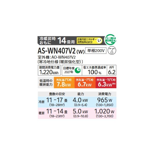 画像2: ゼネラル AS-WN407V2W エアコン 14畳 ルームエアコン WNシリーズ ノクリア ゴク暖 寒冷地仕様 単相200V 14畳程度 ホワイト (2)