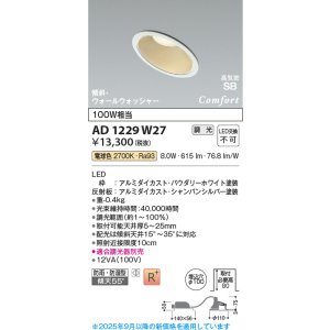 画像: コイズミ照明 AD1229W27 ダウンライト 埋込穴φ100 調光 調光器別売 LED一体型 電球色 高気密SB形 傾斜・ウォールウォッシャー 防雨・防湿型 パウダリーホワイト