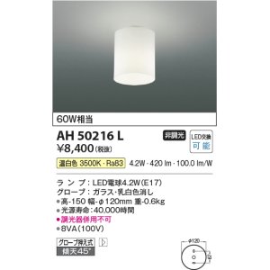画像: コイズミ照明　AH50216L　小型シーリング LEDランプ交換可能型 非調光 温白色 グローブ押え式 傾斜天井対応 乳白
