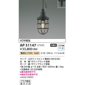 画像: コイズミ照明　AP51147　ペンダントライト 非調光 LEDランプ 電球色 プラグタイプ ブラック