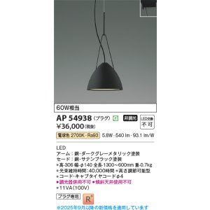 画像: コイズミ照明 AP54938 ペンダント 非調光 LED一体型 電球色 プラグタイプ サテンブラック