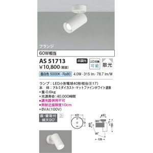 画像: コイズミ照明　AS51713　スポットライト 非調光 LEDランプ 昼白色 散光 フランジタイプ マットホワイト