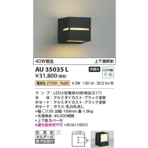 画像: コイズミ照明　AU35035L　ポーチライト ブラケットライト 壁付・門柱取付可能型 防雨型 白熱球40W相当 LED付 電球色 黒