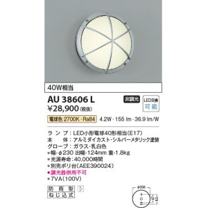 画像: コイズミ照明　AU38606L　ポーチライト 玄関灯 表札灯 壁 ブラケットライト 白熱球40W相当 LED付 電球色 防雨型 シルバー