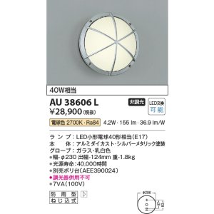 画像: コイズミ照明　AU38606L　ポーチライト 玄関灯 表札灯 壁 ブラケットライト 白熱球40W相当 LED付 電球色 防雨型 シルバー