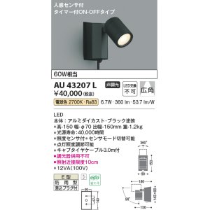 画像: コイズミ照明　AU43207L　アウトドアスポットライト 人感センサ タイマー付ON-OFFタイプ 白熱球60W相当 LED一体型 電球色 防雨型 黒