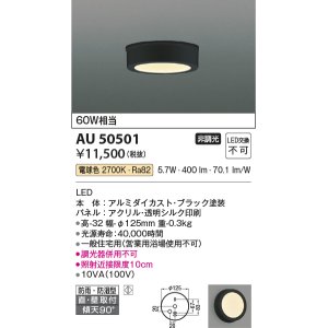 画像: コイズミ照明　AU50501　アウトドアライト LED一体型 非調光 電球色 防雨・防湿型 直・壁取付 傾斜天井対応 ブラック