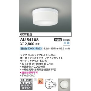画像: コイズミ照明　AU54108　アウトドアライト 非調光 LEDランプ 昼白色 防雨・防湿型 直付・壁付取付 ファインホワイト