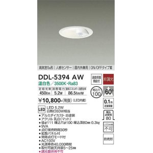 画像: 大光電機(DAIKO)　DDL-5394AW　ダウンライト LED内蔵 非調光 温白色 高気密SB形 人感センサー ON/OFFタイプ 防雨形 埋込穴φ100 ホワイト