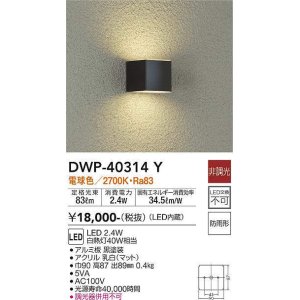画像: 大光電機(DAIKO)　DWP-40314Y　アウトドア ポーチ灯 LED内蔵 非調光 電球色 防雨形 ブラック