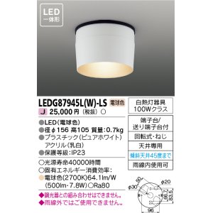 画像: 東芝ライテック　LEDG87945L(W)-LS　アウトドア 軒下シーリングライト LED一体形 電球色 ホワイト