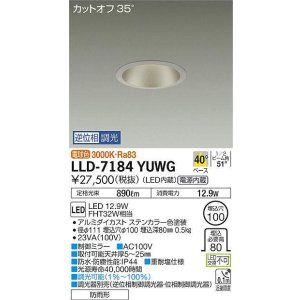 画像: 大光電機(DAIKO) LLD-7184YUWG ダウンライト 埋込穴φ100 位相調光(調光器別売) 電球色 ビーム角40度 防雨形 ステンカラー
