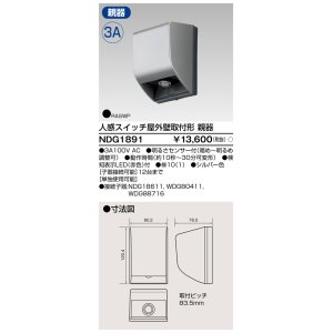 画像: 東芝ライテック　NDG1891　人感スイッチ 屋外壁取付形・親器 照度センサー付 シルバー