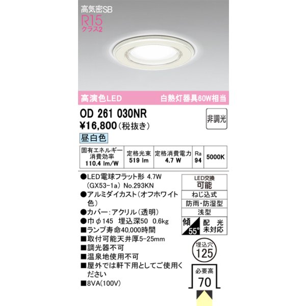 画像1: オーデリック OD261030NR(ランプ別梱) バスルームライト 埋込穴φ125 非調光 LEDランプ 昼白色 高気密SB 高演色LED 防雨・防湿型 オフホワイト (1)