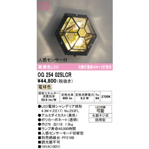 画像: オーデリック　OG254025LCR(ランプ別梱)　エクステリア ポーチライト LEDランプ 電球色 人感センサー付 防雨型 黒色