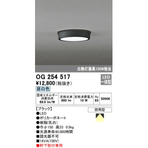 画像: オーデリック　OG254517　エクステリアダウンライト(軒下用) LED一体型 非調光 白熱灯100W相当 昼白色 ブラック