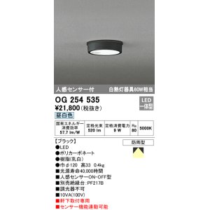 画像: オーデリック　OG254535　エクステリアダウンライト(軒下用) LED一体型 人感センサ ON-OFF型 白熱灯60W相当 昼白色