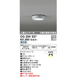 画像: オーデリック　OG254537　エクステリアダウンライト(軒下用) LED一体型 人感センサ ON-OFF型 白熱灯60W相当 昼白色