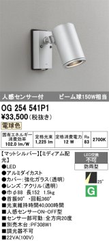 画像: オーデリック　OG254541P1　エクステリアスポットライト LED一体型 電球色 ビーム球150W相当 ミディアム配光 防雨型 マットシルバー