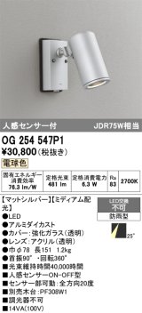 画像: オーデリック　OG254547P1　エクステリアスポットライト LED一体型 電球色 JDR75W相当 ミディアム配光 防雨型 マットシルバー