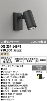 画像: オーデリック　OG254549P1　エクステリアスポットライト LED一体型 電球色 JDR75W相当 ワイド配光 防雨型 黒