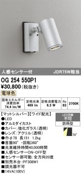 画像: オーデリック　OG254550P1　エクステリアスポットライト LED一体型 電球色 JDR75W相当 ワイド配光 防雨型 マットシルバー