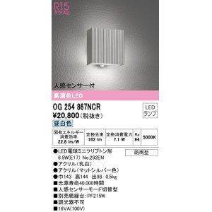 画像: オーデリック　OG254867NCR(ランプ別梱)　エクステリア ポーチライト LEDランプ 昼白色 人感センサー付 防雨型 マットシルバー