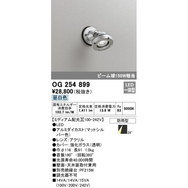 画像1: オーデリック　OG254899　エクステリアスポットライト LED一体型 昼白色 ミディアム配光 防雨型 マットシルバー (1)