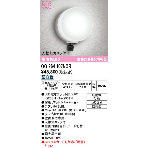 画像1: オーデリック OG264107NCR(ランプ別梱) エクステリア ポーチライト LEDランプ 昼白色 高演色LED 人検知カメラ付 防雨型 マットシルバー (1)