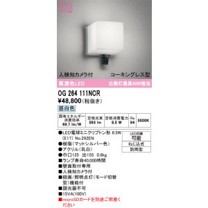 画像: オーデリック OG264111NCR(ランプ別梱) エクステリア ポーチライト LEDランプ 昼白色 高演色LED 人検知カメラ付 防水パッキンレス型 防雨型 マットシルバー