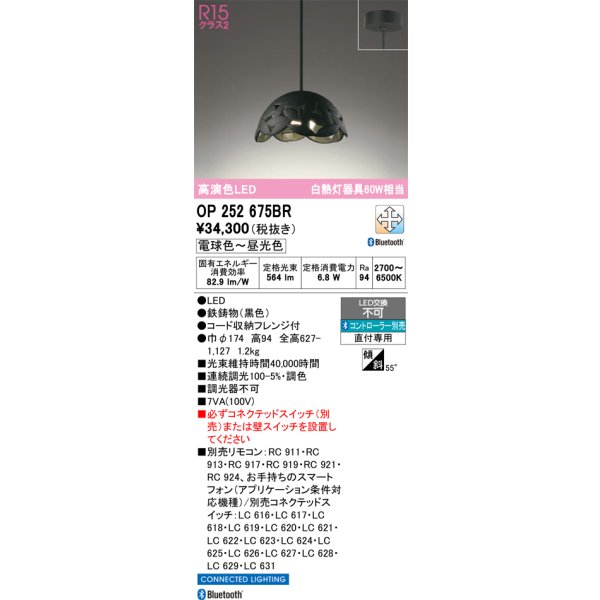 画像1: オーデリック　OP252675BR　ペンダントライト 調光 調色 Bluetooth コントローラー別売 LED一体型 電球色〜昼光色 フレンジタイプ ブラック (1)