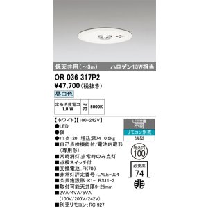 画像: オーデリック　OR036317P2　非常灯・誘導灯 埋込穴φ100 リモコン別売 LED一体型 昼白色 浅型 低天井用(〜3m) ホワイト